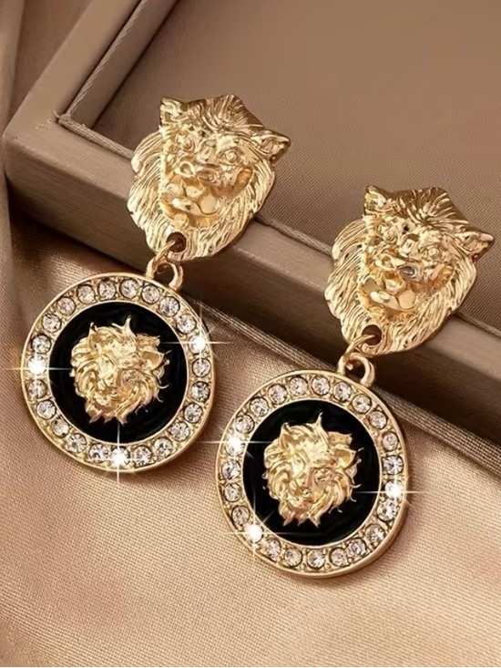 Jewelry - Gold Lion Head Drop Earrings w/ Black Disc Stud Statement Women’s Fashion NWT